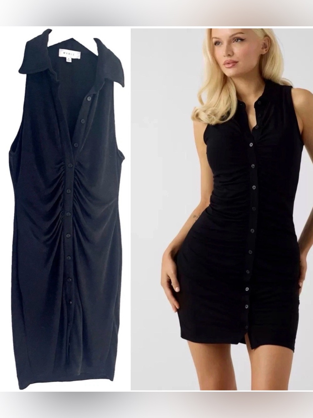 Mable Black Ruched Button Down Collar Shirt Dress Halter Cut Size Small Bodycon